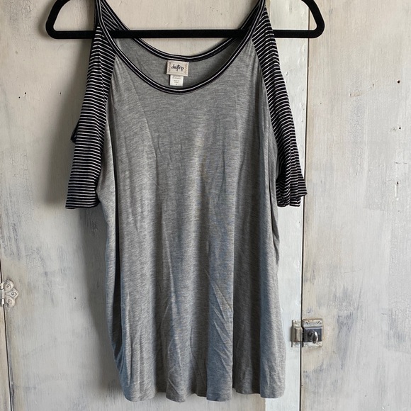 Daytrip Gray Top with Striped Off The Shoulder Sleeves - Picture 1 of 4